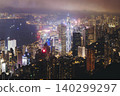 Hong Kong night evening view, China, seen from Victoria Peak observation deck, Lugard road lookout, with Hong Kong downtown skyscrapers and Kowloon island, illuminated city and Victoria Bay at night 140299297