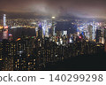 Hong Kong night evening view, China, seen from Victoria Peak observation deck, Lugard road lookout, with Hong Kong downtown skyscrapers and Kowloon island, illuminated city and Victoria Bay at night 140299298