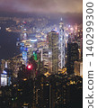 Hong Kong night evening view, China, seen from Victoria Peak observation deck, Lugard road lookout, with Hong Kong downtown skyscrapers and Kowloon island, illuminated city and Victoria Bay at night 140299300