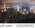 Hong Kong night evening view, China, seen from Victoria Peak observation deck, Lugard road lookout, with Hong Kong downtown skyscrapers and Kowloon island, illuminated city and Victoria Bay at night 140299301