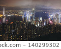 Hong Kong night evening view, China, seen from Victoria Peak observation deck, Lugard road lookout, with Hong Kong downtown skyscrapers and Kowloon island, illuminated city and Victoria Bay at night 140299302
