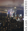 Hong Kong night evening view, China, seen from Victoria Peak observation deck, Lugard road lookout, with Hong Kong downtown skyscrapers and Kowloon island, illuminated city and Victoria Bay at night 140299303