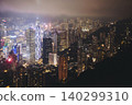 Hong Kong night evening view, China, seen from Victoria Peak observation deck, Lugard road lookout, with Hong Kong downtown skyscrapers and Kowloon island, illuminated city and Victoria Bay at night 140299310