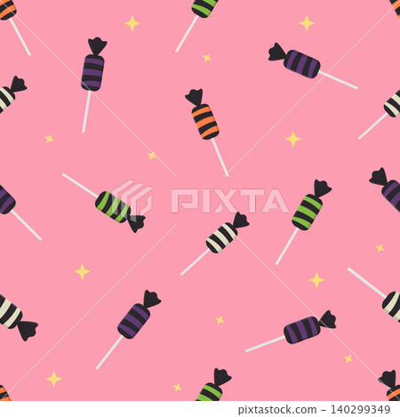 Cute Halloween seamless pattern with candies on pink background Cute Halloween seamless pattern with candies on pink background 140299349