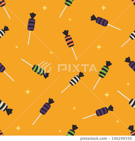 Cute Halloween seamless pattern with candies on orange background Cute Halloween seamless pattern with candies on orange background 140299350
