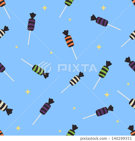 Cute Halloween seamless pattern with candies on blue background Cute Halloween seamless pattern with candies on blue background 140299351