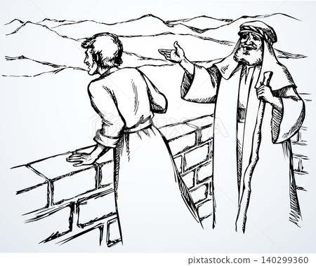 Vector drawing. Man on the old roof Vector drawing. Man on the old roof 140299360