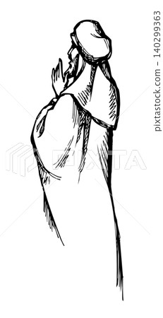 Vector drawing. Praying man. Back view Vector drawing. Praying man. Back view 140299363