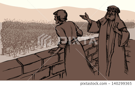 Vector drawing. Man on the old roof 140299365