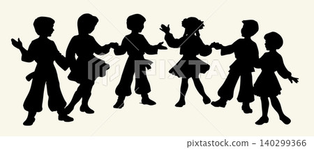 Vector drawing. Children in national costumes dance in a circle 140299366