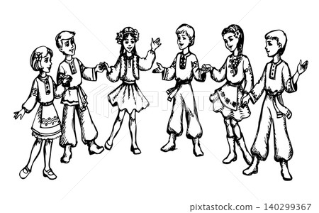 Vector drawing. Children in national costumes dance in a circle Vector drawing. Children in national costumes dance in a circle 140299367