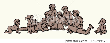 Vector drawing. Kids reading a book Vector drawing. Kids reading a book 140299372