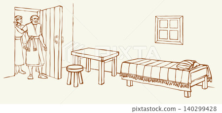 Vector drawing. A woman offers housing to the prophet Elisha. Vector drawing. A woman offers housing to the prophet Elisha. 140299428