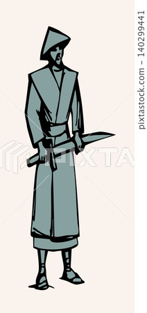 Vector drawing. The warrior is dressed in traditional Asian clothing Vector drawing. The warrior is dressed in traditional Asian clothing 140299441
