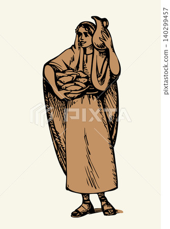 Vector drawing. Woman with basket and jug Vector drawing. Woman with basket and jug 140299457