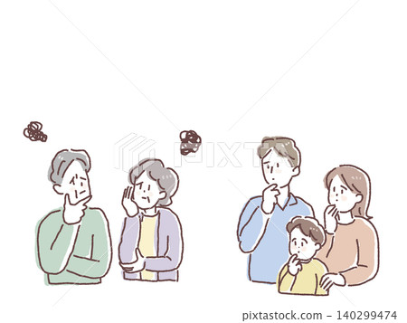 An illustration depicting a family worried about an elderly couple, grappling with concerns about old age and caregiving. 140299474