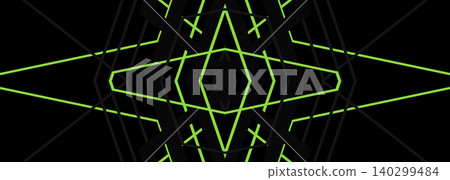 Abstract geometric composition with bright green angular lines and mirrored star-like shapes on a dark background. The design features sharp intersecting outlines, symmetrical Abstract geometric composition with bright green angular lines and mirrored star-like shapes on a dark background. The design features sharp intersecting outlines, symmetrical 140299484
