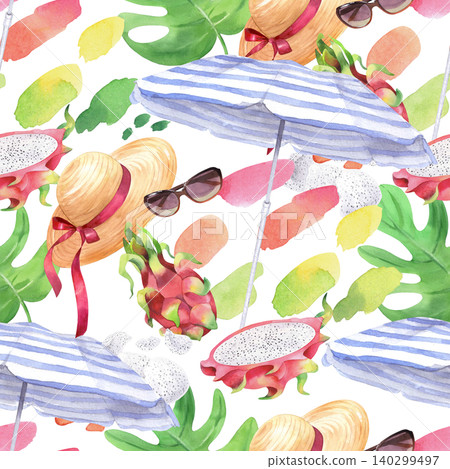 Seamless pattern of the umbrella, monstera, hat, sunglasses, pitahaya and watercolor spots. Watercolor illustration for design, cards, cover, prints, product labels and fabric Seamless pattern of the umbrella, monstera, hat, sunglasses, pitahaya and watercolor spots. Watercolor illustration for design, cards, cover, prints, product labels and fabric 140299497