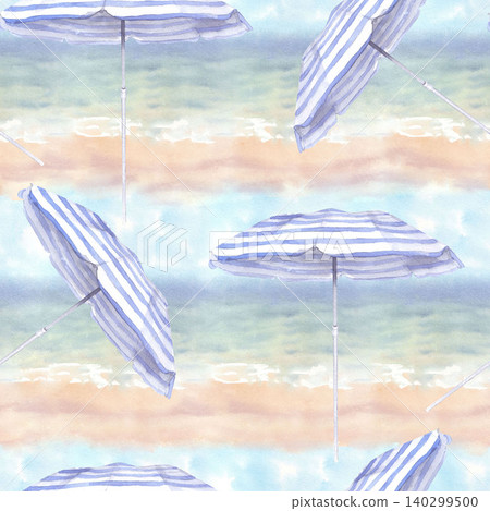 Seamless pattern of the beach umbrellas with the seascape on the background. Watercolor illustration. Handmade art work. For packaging design, cards, cover, prints, product labels and fabric Seamless pattern of the beach umbrellas with the seascape on the background. Watercolor illustration. Handmade art work. For packaging design, cards, cover, prints, product labels and fabric 140299500