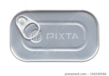 Unopened tin can, with ring-pull lid, from above. Rectangular easy-open can, a rigid, cylindrical metal container for convenient, tool-free opening, with metal loop, securely riveted to the lid. Photo 140299566