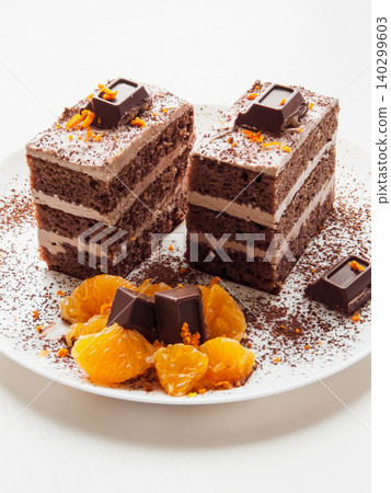 Traditional chocolate cocoa butter condensed milk cream cake with candies, oranges served on plate. 140299603