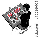 Comic artist drawing storyboard panels with red accents top view illustration 140299605