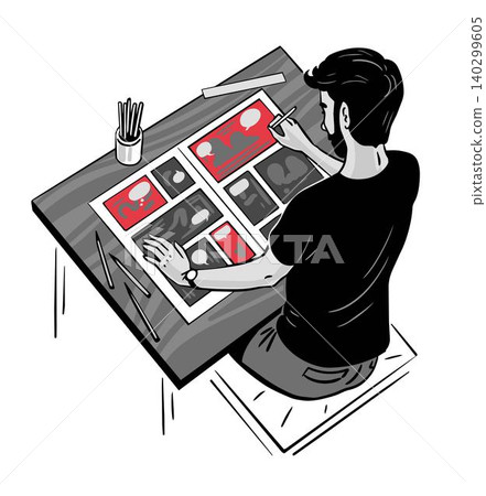 Comic artist drawing storyboard panels with red accents top view illustration Comic artist drawing storyboard panels with red accents top view illustration 140299605