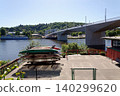 New modern Dvorecky Bridge spanning the Vltava River connecting Smichov and Podoli, designed exclusively for public transport, pedestrians and cyclists, Prague, Czech Republic 140299620
