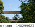 New modern Dvorecky Bridge spanning the Vltava River connecting Smichov and Podoli, designed exclusively for public transport, pedestrians and cyclists, Prague, Czech Republic 140299623