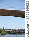 New modern Dvorecky Bridge spanning the Vltava River connecting Smichov and Podoli, designed exclusively for public transport, pedestrians and cyclists, Prague, Czech Republic 140299629