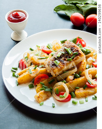 Cooking and healthy eating concept. Plate with baked potatoes, piece of fish, fish and chips meal. Cooking and healthy eating concept. Plate with baked potatoes, piece of fish, fish and chips meal. 140299636