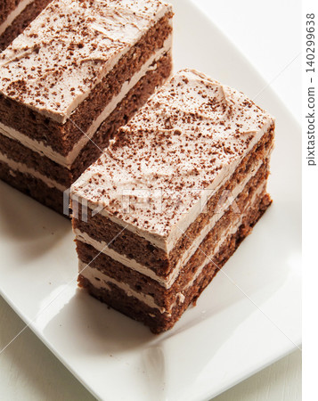 Traditional chocolate butter cocoa and condensed milk cream cake, homemade Prague cake dessert. Traditional chocolate butter cocoa and condensed milk cream cake, homemade Prague cake dessert. 140299638