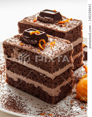 Traditional chocolate cocoa butter condensed milk cream cake with candies, oranges served on plate. 140299641