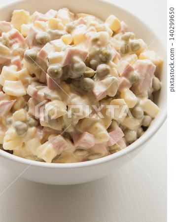 Bowl with traditional Olivier salad, classic dish made of veggies, meat covered in mayonnaise. Bowl with traditional Olivier salad, classic dish made of veggies, meat covered in mayonnaise. 140299650