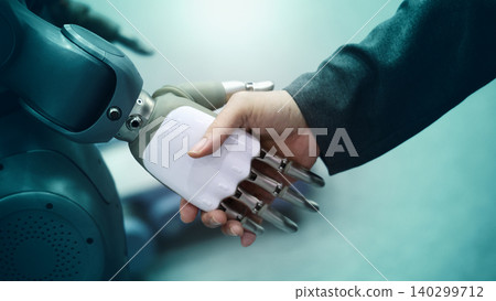 AI Robot shaking hands with man. Close up of human shaking hand with robotic arm. Symbolizing collaborate between people and artificial intelligence or AI. Automation robot innovate future technology AI Robot shaking hands with man. Close up of human shaking hand with robotic arm. Symbolizing collaborate between people and artificial intelligence or AI. Automation robot innovate future technology 140299712