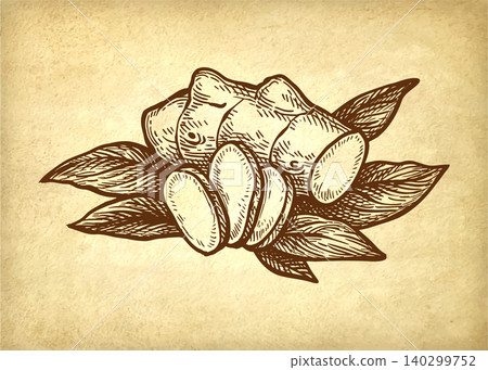 Fresh ginger root with leaves ink sketch. Fresh ginger root with leaves ink sketch. 140299752