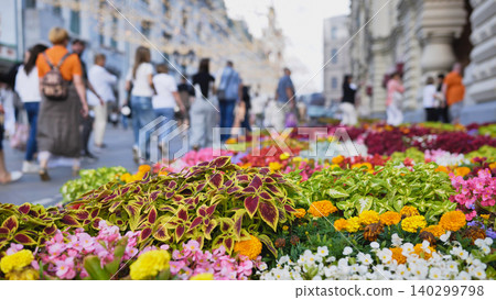 Moscow street decorated with colorful summer flowers Moscow street decorated with colorful summer flowers 140299798