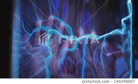 Hand glowing with electric plasma energy inside glass tube, abstract science concept Hand glowing with electric plasma energy inside glass tube, abstract science concept 140299807