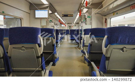 Empty modern train car with blue seats waiting at station Empty modern train car with blue seats waiting at station 140299872