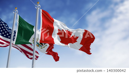 National flags of Canada Mexico and United States waving National flags of Canada Mexico and United States waving 140300042