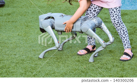 Child interacting with robot dog, exploring AI technology and future robotics Child interacting with robot dog, exploring AI technology and future robotics 140300206
