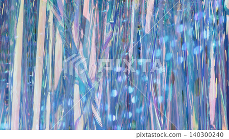 Iridescent holographic tinsel curtain with shimmering blue and pink light reflections 140300240