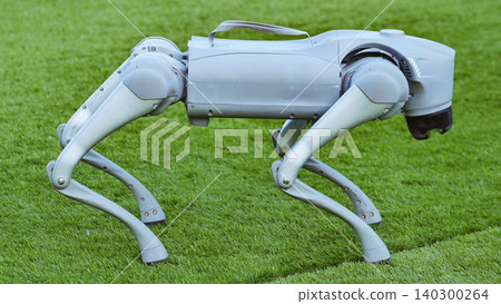 Robot dog standing on artificial turf, representing advanced robotics and AI concepts 140300264