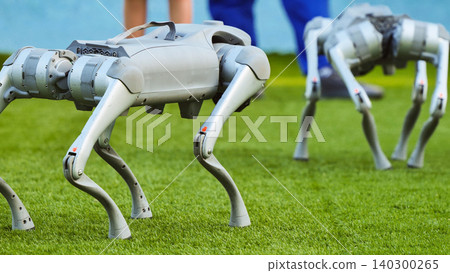 Robotic dog machine on artificial turf representing advanced ai and automation concept 140300265