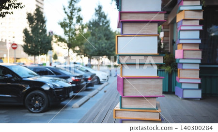 Large colorful book stacks as street art installation in a city urban area 140300284