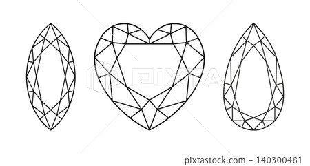 Marquise, Heart, Pear diamond cut shape. Gemstone outline pattern for jewellery design, branding, packaging, logo set. Heart shaped, Marquise, Pear brilliant cut minimalist icons. Diamond top view 140300481