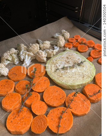 Vegetables including sweet potato with cabbage and cauliflower are prepared on a baking tray ready to bake in the oven. The tray is lined and set on a stove surface Vegetables including sweet potato with cabbage and cauliflower are prepared on a baking tray ready to bake in the oven. The tray is lined and set on a stove surface 140300504