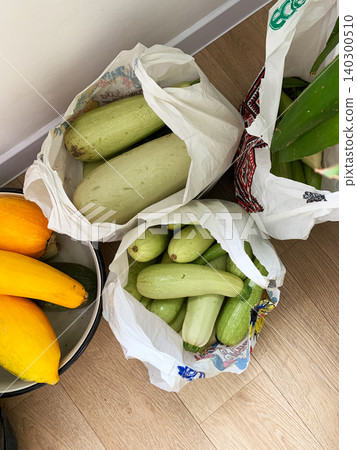 Fresh produce from the garden includes various types of zucchini with pumpkin and corn Fresh produce from the garden includes various types of zucchini with pumpkin and corn 140300510