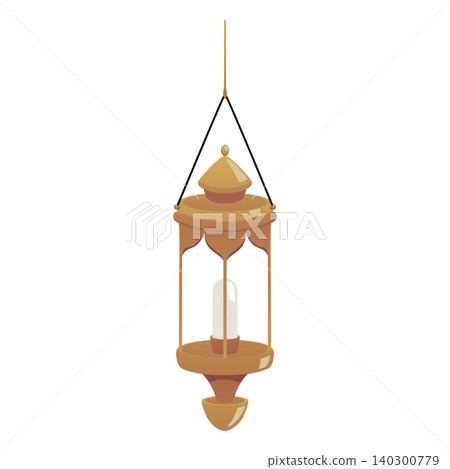 Hanging lantern oriental style decoration, vintage lamp with golden lampshade vector flat icon, Arabian antique interior Hanging lantern oriental style decoration, vintage lamp with golden lampshade vector flat icon, Arabian antique interior 140300779