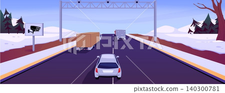 Highway with video camera recording on pole, car and trucks passing in winter nature landscape, vector transport traffic 140300781